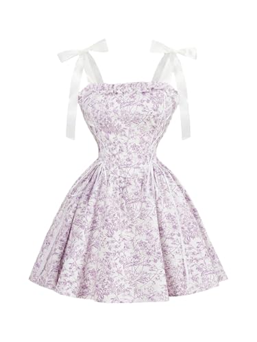 Image of Milumia Women's Floral Tie Shoulder Cami Dress Lace Up Side Vintage Flared Short Dresses