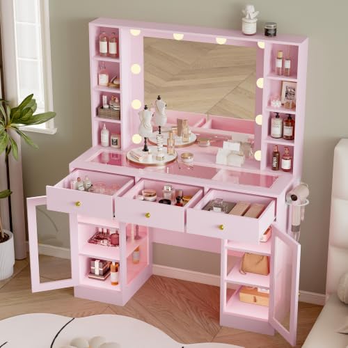 Image of Wodeer Makeup Vanity Desk with Mirror and Lights, Pink Vanity with Glass Top, LED Lights & Power Outlet, 3 Drawers & 2 RGB Glass Cabinets, Adjustable Lighted Dressing Table for Women & Girls Bedroom