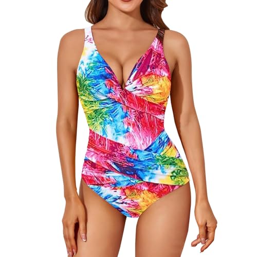 Shfebrinox Bañador Push Up Vientre Plano Cuello En V Cruzado Bañador Natacion Piscina Bañador con Relleno Y Fruncido Delantero Cuello En U Correas Espaguetis Escote Profundo Team Bride