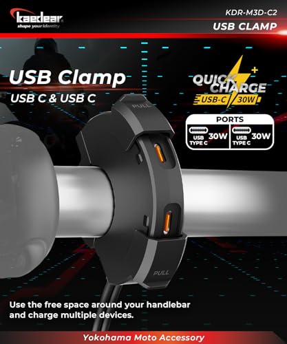 Image of KAEDEAR Dual USB-C Motorcycle Charger, 30W + 30W, KDR-M3D-C2 | dual USB-C ports, dual PD 30W output, water resistant, SAE DC 12V, clamp mounting, fast charging for two devices