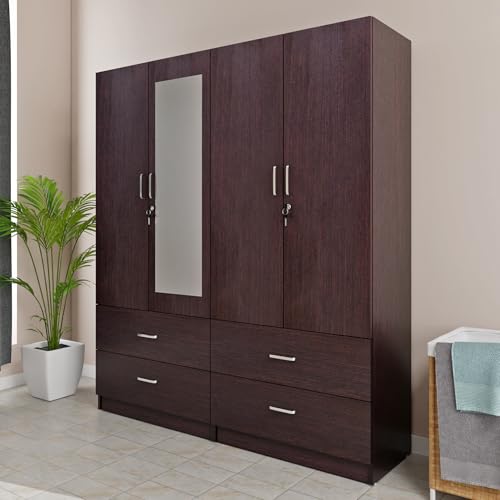 Image of VIKI Wardrobe | Wooden Almirah for 4 Door 4 Drawer with Shelves & Hanging Space Mirror Wardrobe (Dark Wenge - 40D x 160W x 180.8H) | 1 Year Warranty | Free Assembly
