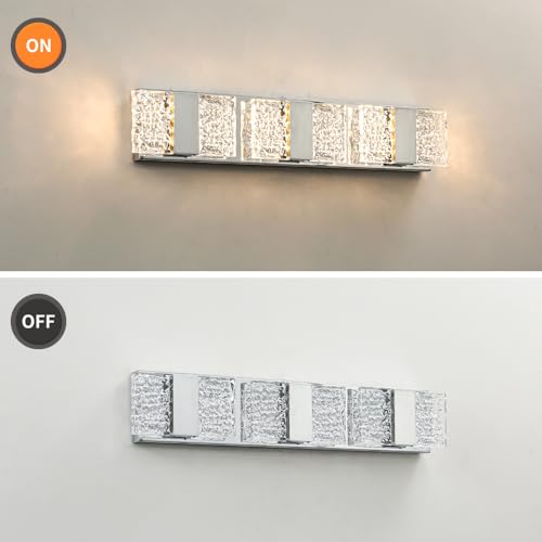 Image of Modern 6-Lights Bathroom Vanity Lighting, Chrome Crystal LED Bathroom Light Fuxtures over Mirror, Art Deco Dimmable Wall Sconce, Crystal Bathroom Light, Acrylic Hardwired Wall Lamp(H4.33in, L22.64in)