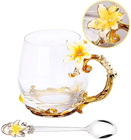 Tea Cup, Coffee Mug Cups, Clear Glass Coffee Cups Tea Mugs with Spoon Set Handmade Enamel Lily Flower,12 oz (Yellow Lily) Ideal for Friend Birthday Presents …