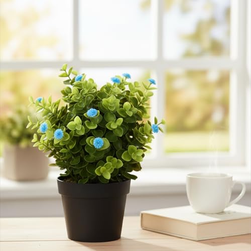 Image of Artificial Eucalyptus Potted Plants - Set of 2 Faux Greenery with Baby Breath Blue & Pink Flowers | Small Decorative Plants for Home, Office, Table & Gift