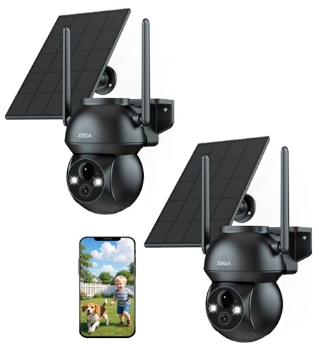 Xega Zwei Packungen Überwachungskamera Aussen Solar, HD PTZ Kabellos Kamera Überwachung Außen Akku mit Solarpanel, FarbNachtsicht, PIR Personenerkennung, 2 Wege Audio, IP66, TF&Cloud, 2,4GHz WiFi