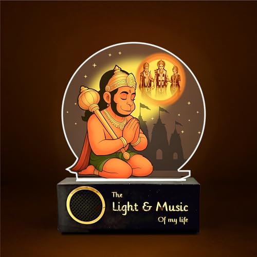 Image of ZOCI VOCI Hanuman Ji LED Lamp with Wooden Base - Bajrangbali Night Light for Pooja Room, Hanuman Photo Frame Light for Home Temple Decor, Spiritual Gift, Bedside Table Lamp (Warm Light + BT Speaker)