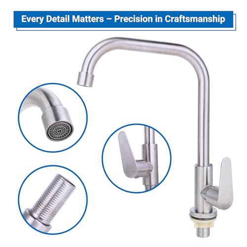 Kaltwasserhahn - Wasserhahn nur für Kaltwasser, 304 Edelstahl, 360° Drehbar mit Einhebelmischer, Geeignet für Spüle, Küche oder Hauswirtschaftsraum（Geeignet für Durchmesser 2.1-4.0cm）
