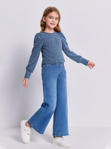 Haloumoning Girls Puff Long Sleeve Shirts Kids Fashion Ribbed Knit Tops Blouse 5-14 Years4