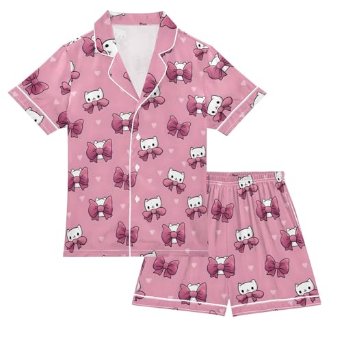 Kitten Cat Pink Bow Pajamas Set Soft Satin Pjs Sets 2 Piece Short Sleeve Sleepwear Casual Loungewear