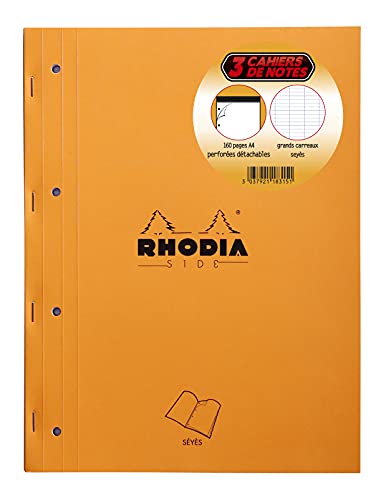 RHODIA 118315C - Lot de 3 Bloc-Notes Agrafés Coté Side Orange - A4 - Grands Carreaux Seyès - 80 Feuilles Détachables Perforation 4 Trous, Papier...