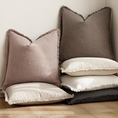 Image of Foindtower Set of 2 Decorative Linen Fringe Throw Pillow Covers Boho Farmhouse Cushion Cover with Tassels Soft Accent Pillowcase for Couch Sofa Bed Living Room Home Decor,18x18 Inch,Dusty Pink
