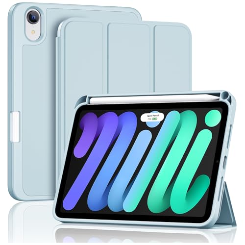 ProCase iPad Mini A17 Pro 第7世代 (2024発売) Mini6 第6世代 (2021発売) ケース 8.3インチ ペンホルダー付き オートスリープ/ウェイク機能 耐衝撃 三つ折りスタンド 適用機種：iPad Mini A17 Pro 第7世代 2024、iPad Mini 6世代 2021 - スカイブルー