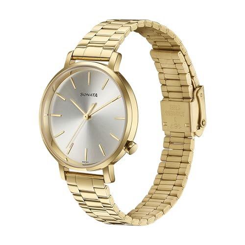 Image of Sonata Elegent Essentials Quartz Analog Champagne Dial Stainless Steel Strap Watch for Women
