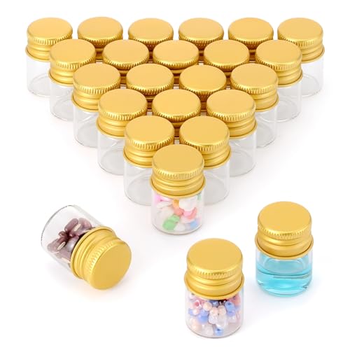 Kesell 24 Pack 5ml Mini Glass Bottle with Screw Aluminum Caps Small Glass Jars with Lids Small Glass Vials Tiny Jars for DIY Crafts and Storage (Gold Cap)