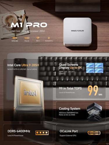 Image of MINISFORUM M1 Pro AI Mini PC Intel Core Ultra 9 285H (16C /16T, Up to 5.4Ghz), 32GB DDR5 1TB SSD, 99 TOPS, 2xUSB4 /HDMI /DP Quad Display, OCuLink, 2.5G LAN, Dual Speaker /DMIC, WiFi 7, BT5.4, Arc 140T GPU