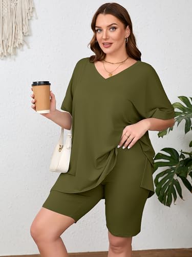 Image of AusLook Women's Plus Size 2 Piece Short Outfits Set Short Sleeve Tops and Shorts Pants Lounge Jogging outfits Matching Set