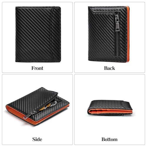 Leather Wallets for Men with Zipper Coin Pocket Mens Wallet Slim Bifold RFID Blocking Thin Credit Card Holder Genuine(Black+Orange)4