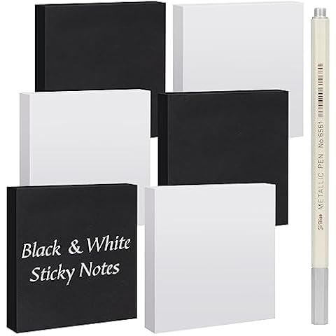 NatureTouch Black&White Sticky Notes 3x3 Inches with Silver Gel Pen, 600 Sheets Self-Stick Pads, 6 Pads Aesthetic Sticky Notes Easy to Post for Home, School, Office Supplies Cover