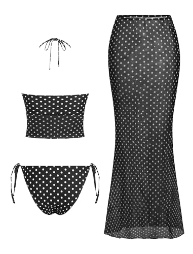 Image of ZAFUL Women 3 Piece Bikini with Cover Up Skirt Halter Bandeau Swimsuit Floral Tie Side Cheeky Bathing Suit