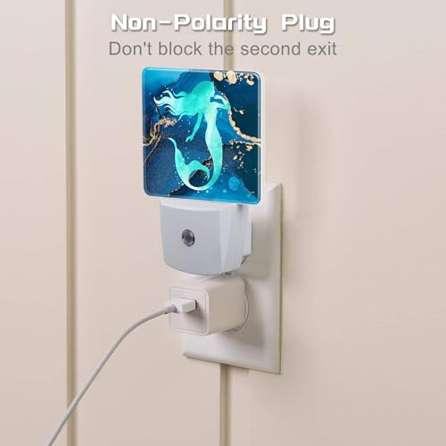 Image of Watercolor Turquoise Mermaid Night Light for Kids,Navy Blue Golden Marble Night Light Plug in with Dusk to Dawn Sensor,0.5w Energy Saving Nightlight for Hallway Stairway Kitchen Bedroom