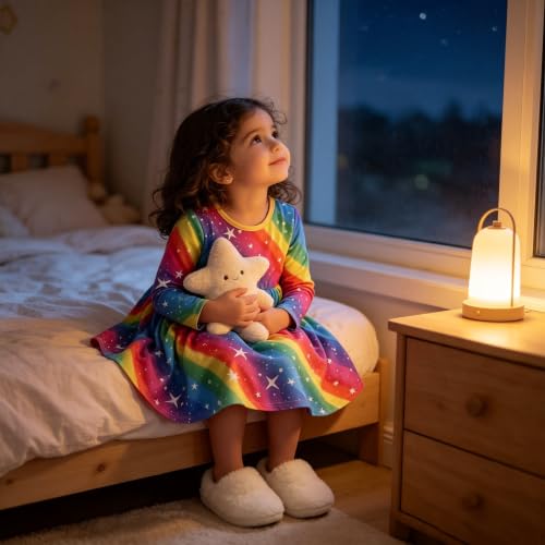 Image of Tkria Toddler Girls Rainbow Dress Striped Fall Dress Cartoon Colourful Long Sleeve Casual Dressy 2-7T