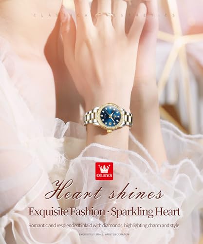 Image of OLEVS Womens Diamond Watches Automatic Mechanical Gold Luxury Dress Ladies Self Winding Original Stainless Steel Wrist Watch