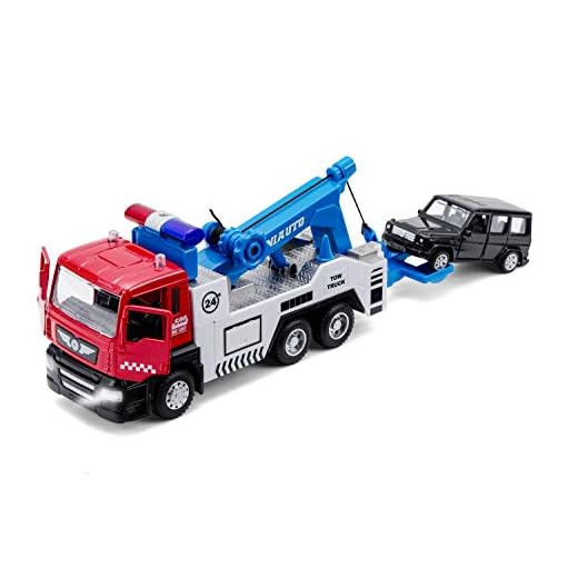 haomsj Toy Tow Truck Pull Back Toy Cars Miniature Carrier Truck Toy for Boys and Girls, Lights and Sound