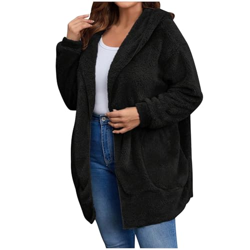 Image of Women's Sherpa Fuzzy Jacket Hoodie Open Front Fleece Hooded Jackets Cardigan Warm Outerwear Fall Coat with Pockets