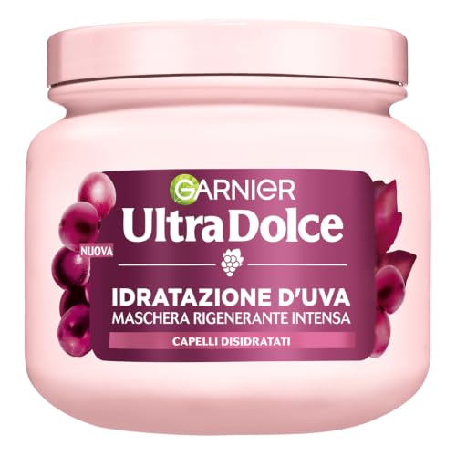 Garnier Ultra Dolce Idratazione d'Uva, Maschera Rigenerante Intensa, Per Capelli Disidratati, Idratazione Intensa, Capelli Luminosi e Rinforzati, Con Acqua d'Uva e Olio di Vinaccioli, 340ml