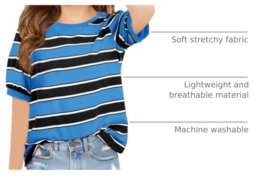 Image of Haloumoning Girls Striped Short Sleeve T Shirts Kids Summer Casual Tops Crewneck Tees Blouses 5-14Y