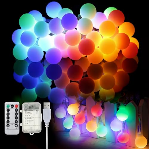 Enhon 32 Feet Patio Umbrella Lights, 8 Lighting Modes LED String Lights with 64 Pcs Shatterproof Globe, Remote Control Battery & USB Powered, Waterproof Hanging Light Decorate for Patio(Colorful)