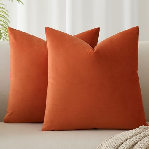 Image of JUSPURBET 16x16 Decorative Velvet Throw Pillow Covers Set of 2,Burnt Orange | Modern Soft Cushion Covers Cases with Hidden Zipper for Couch Sofa Bed Living Room Bedroom Halloween Decor