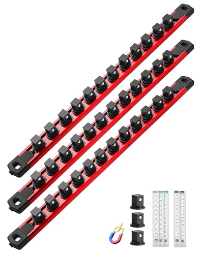 Image of ALOANES Magnetic Socket Organizer Set, 3-Piece Heavy Duty Aluminum Socket Rails, 360 Swivel Clips Socket Rail Kit for Tool Tray Drawer Fit 1 /2-Inch x 36 Clips (Red, 3PC)