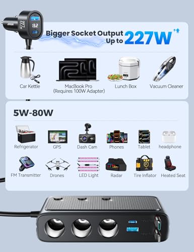 Image of 227W 9 in 1 Cigarette Lighter Splitter, PD36W *2 & QC3.0 Fast Car Charger | Retractable USB C Fast Charger, 12V /24V Car Charger, 31.5IN Retractable Cords & 39.6IN Extension Cord, LED Voltage Display