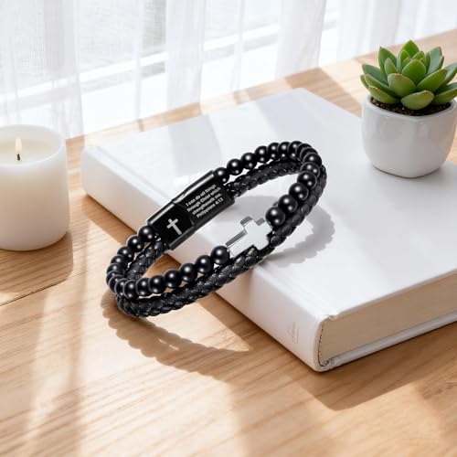 Pulsera de cuero negro con cruz para hombre miniatura 6