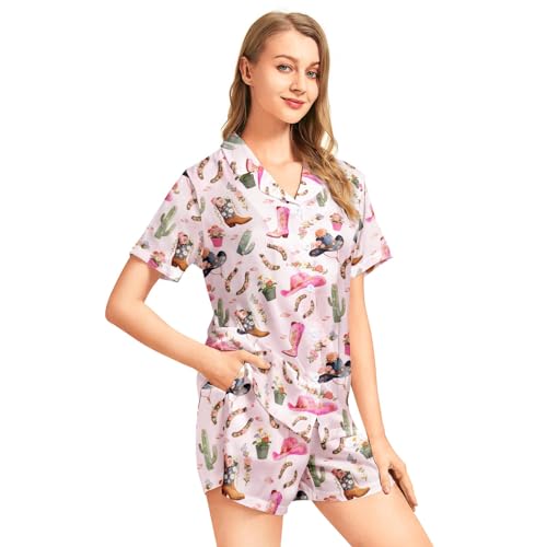 Image of Funny Pajamas for Women Set Print Satin Loungewear Pjs Short Sleeve Button Down Top and Shorts Sets Sleepwear XS-3XL