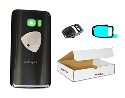 md0410 Replacement Compatible for Samsung Galaxy S7 G930 - Black Onyx Back Glass Door Rear Battery housing Camera Lens Flash Cover + Opening Tool