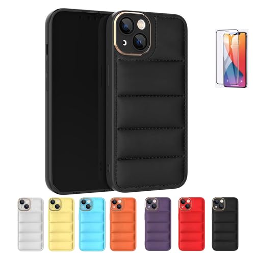 CAVAJPシリーズ ダウンジャケット スマホケース iPhone 11/12/13/14/15 Pro/16 Pro Max用 強化ガラススクリーンプロテクター付き 7色展開 韓国デザイン クッション性 軽量 耐衝撃性 ソフトレンズ保護 (ブラック,iP