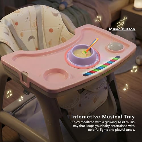 Image of Baybee Breeze High Chair for Kids with Musical Tray, Dual Removable Trays, Adjustable Feeding System, 5-Point Safety Belt, Storage Basket & Detachable Cushion for 6 Months to 3 Years (Beige & Pink)