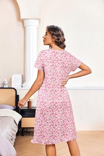 Image of Ekouaer Nightgowns for Women with Pockets Button Front Short Sleeve House Dresses Floral Print Mumu Dress