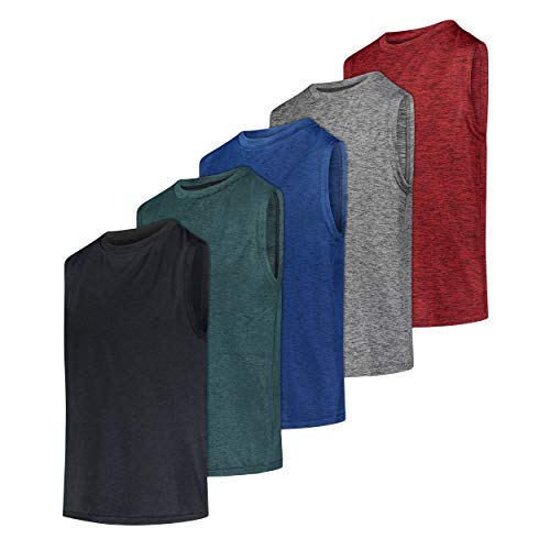 5 Pack: Boys Active Quick Dry Fit Tank Jersey Sleeveless Performance Sports Basketball Beach Gym Workout Running Fitness Athletic Undershirt Breathable Yoga Hiking Girls Teens School Outdoor Set 1, XL