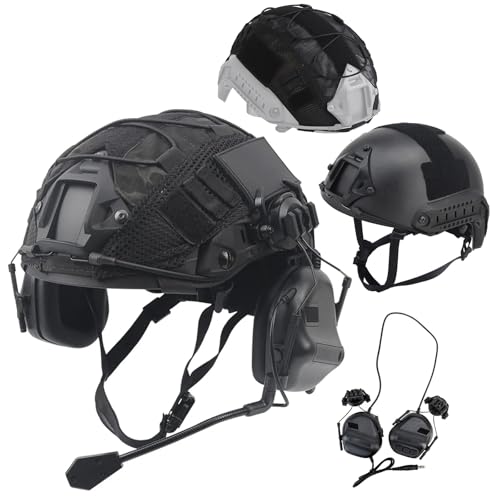 Auriculares Tácticos De Airsoft Y Paintball Fast + Casco Engrosado MH + Funda Multifunción para Casco, Versión De Comunicación/versión con Reducción De Ruido Opcional(Black Pro,M)