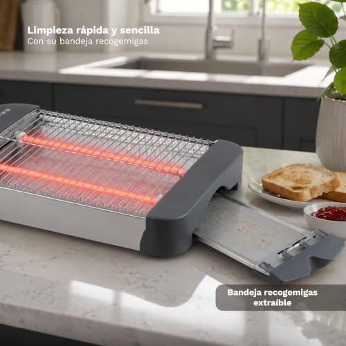 Miniatura 5 de Grunkel - Tostadora de pan plana para 4 rebanadas de 600w con 6 niveles de temporizador y señal acústica de finalización. Incluye bandeja recogemigas extraíble (Básico)