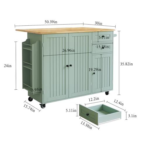 HLR Kitchen Island with Storage, Sage Green Rolling Kitchen Cart on Wheels with Drop-Leaf Bar Countertop, Islands Prep Table with Side Open Spice Rack and Tower Rack, Extra Storage for Kitchen