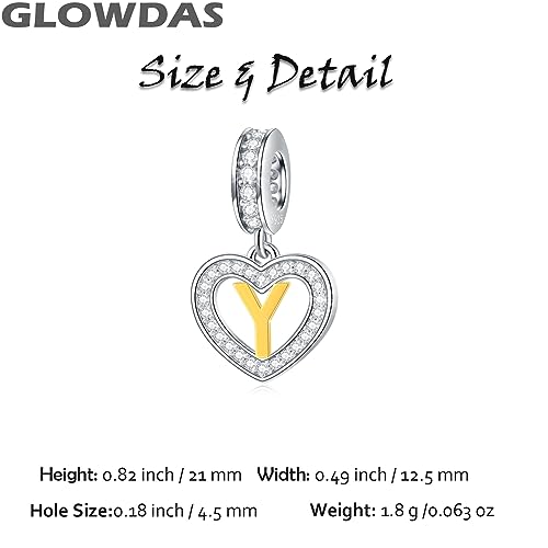 Image of GLOWDAS 18K Gold Plated Letter Charms Initial A to Z Necklace Pendant, 925 Sterling Silver CZ Heart Dangle Alphabet Beads fit European DIY Bracelet, Gifts for Valentiens /Christmas /Family