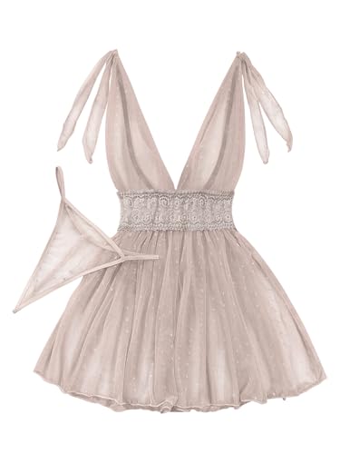 Image of Lilosy Sexy Polka Dots Mesh Sheer Lace Babydoll Chemise Lingerie Set Floral Sleep Wear