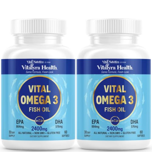 Vital Omega 3 Fish Oil Supplements 2400mg | 864mg EPA & 576mg DHA | 1440mg Total Omega-3 Fatty Acids | Promotes Brain & Heart Health | Non-GMO Gluten-Free | Lemon | 60 Day Servings