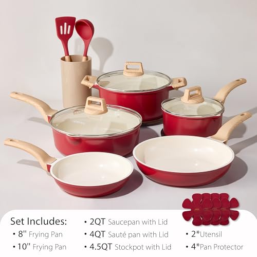 Image of CAROTE 14 Pcs Ceramic Cookware Set, Pots and Pans Set Non Stick with Ceramic Coating, Induction Kitchen Sets, Red