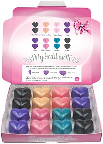 Mixed Perfume Wax Melts: 16 Heart Shaped Melts in a Presentation Gift Box, 4 pcs Each of Angel, Alien, Black Opium and Creed,Vegan & Pet Friendly, Cruelty Free