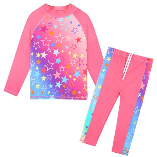 Image of TFJH E Girls Two Piece Swimsuit Long Sleeve Rash Guard Ages 3-12 | UPF 50+ sun protection, breathable , lightweight long sleeve swimsuit, full coverage, pool beach vacation, water park
